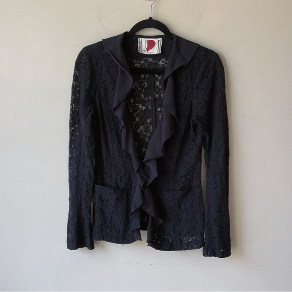 Free People Eyelet Lace Ruffle Front Black Blazer Size 6 - Picture 3 of 8
